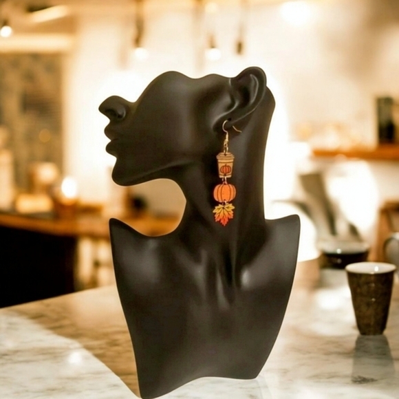 NEW Women's Wooden Pumpkin Fall Latte Coffee Drop Hook Fashion Earrings - Picture 2 of 2